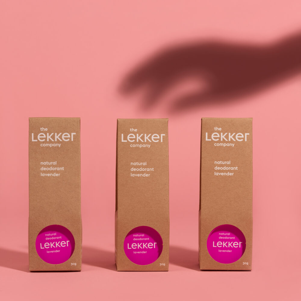 The LEKKER company, deodorant, lavendel, tre i emballage